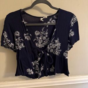 Nordstrom Navy Blue Crop Top with White Floral Embroidery